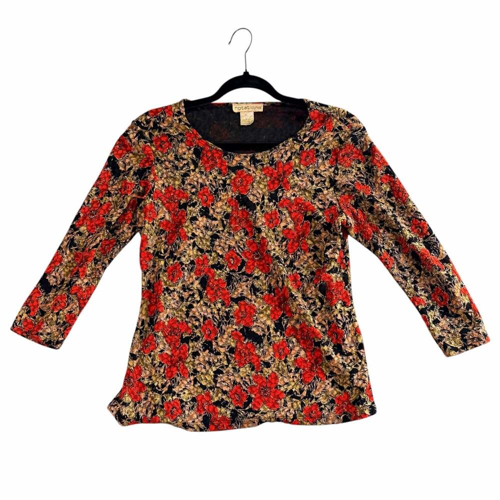 Notations Floral Top Size M Black Red Long Sleeve Shimmer Blouse